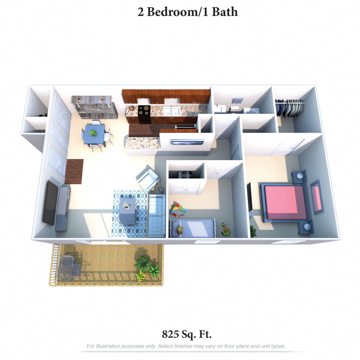 Floor plan for 2 beds, 1 bath, 825 sqft